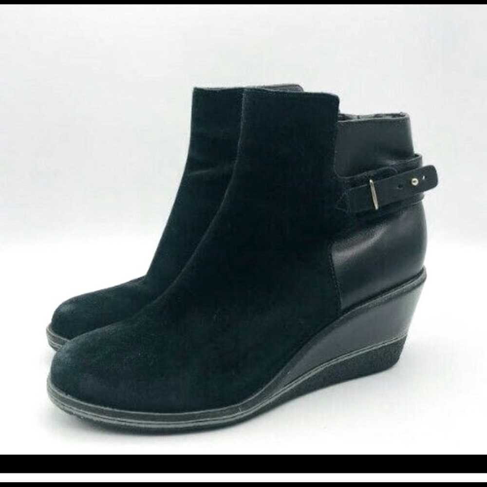 Cole Haan Nike air black ankle boots leather Rayna adjustable wedge heels suede